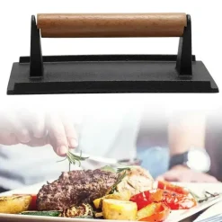 Schweres Steakgewicht aus Gusseisen mit Holzgriff – perfektes BBQ-Kochwerkzeug zum Grillen