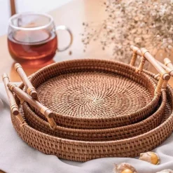 Serviertablett aus Rattan – Serviertablett für Speisen und Obst mit Griff