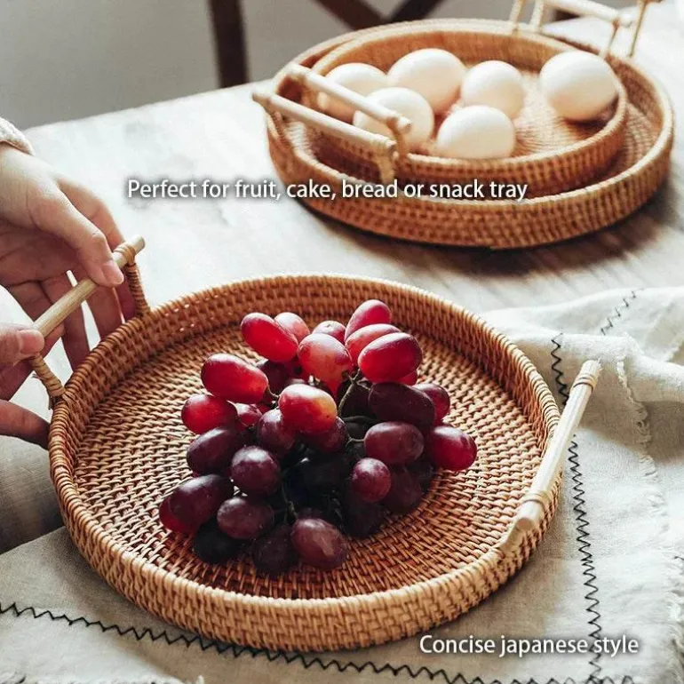 Serviertablett aus Rattan – Serviertablett für Speisen und Obst mit Griff