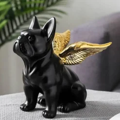 Skulptur mit schwarzen Bulldoggenflügeln – Keramik-Dekoration für Zuhause und Büro