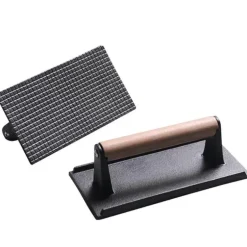 Steakpresse aus Gusseisen – rechteckige Fleischpresse mit Holzgriff