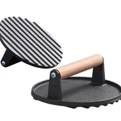 Steakpresse aus Gusseisen für perfektes Grillen – BBQ-Tool mit Holzgriff