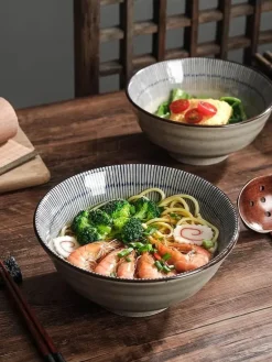 Suppenschüssel-Set aus Keramik – große Retro-Schüssel mit Löffel und Essstäbchen