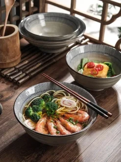 Suppenschüssel-Set aus Keramik – große Retro-Schüssel mit Löffel und Essstäbchen