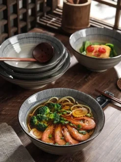 Suppenschüssel-Set aus Keramik – große Retro-Schüssel mit Löffel und Essstäbchen