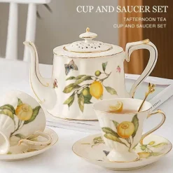 Tee- und Kaffeeservice aus Keramik – Zitronenteekanne mit goldenem Rand und Untertasse
