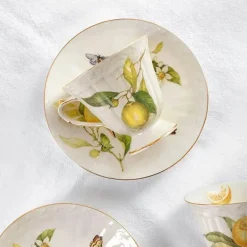 Tee- und Kaffeeservice aus Keramik – Zitronenteekanne mit goldenem Rand und Untertasse