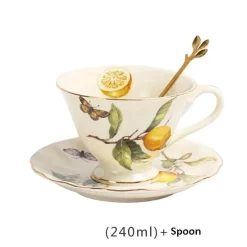 Tee- und Kaffeeservice aus Keramik – Zitronenteekanne mit goldenem Rand und Untertasse