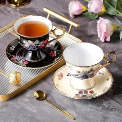 Teegeschirr-Set aus Bone China – Schwarzer Tee, Tasse und Untertasse, Kaffee im französischen Stil
