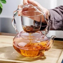 Teekanne aus Glas mit Blumenmuster und Teesieb – Eleganter Teebereiter für losen Tee