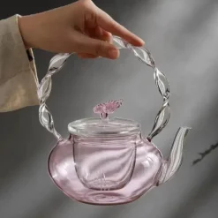 Teekanne aus Glas mit Blumenmuster und Teesieb – Eleganter Teebereiter für losen Tee