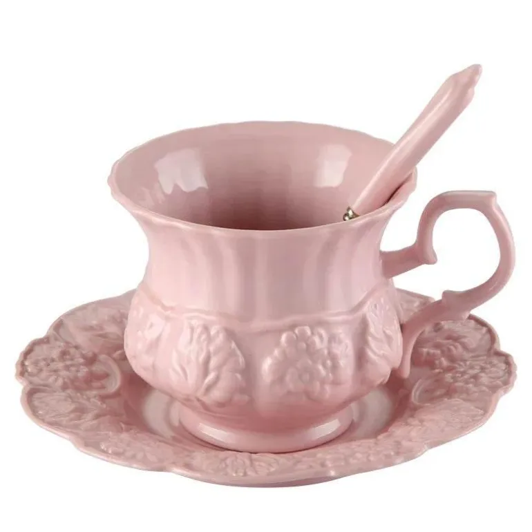 Teekannen- und Tassenset mit rosa Blumenmuster – Britisches Retro-Teeservice aus Keramik