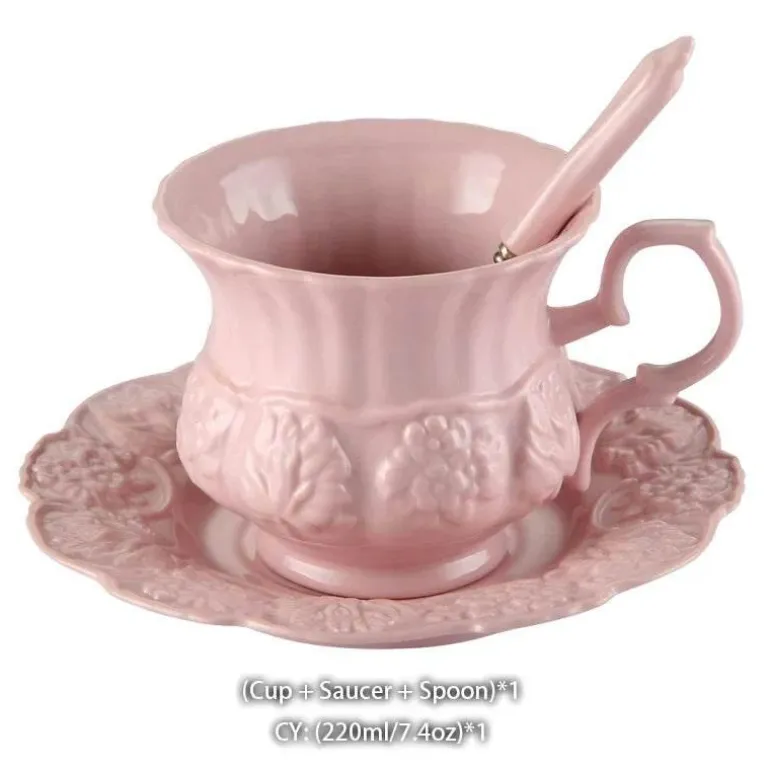 Teekannen- und Tassenset mit rosa Blumenmuster – Britisches Retro-Teeservice aus Keramik