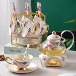 Teekannen-Set mit Blumenmuster – Tassen aus Knochenporzellan mit Sieb