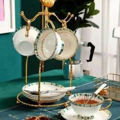 Teeservice aus Bone China – Teekanne aus Porzellan mit blauen Punkten, Tassen, Milchkännchen, Zuckerdose