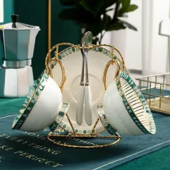 Teeservice aus Bone China – Teekanne aus Porzellan mit blauen Punkten, Tassen, Milchkännchen, Zuckerdose