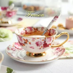 Teeservice aus Bone China mit Blumenmuster – Elegante 200-ml-Tasse mit Untertasse und Löffel