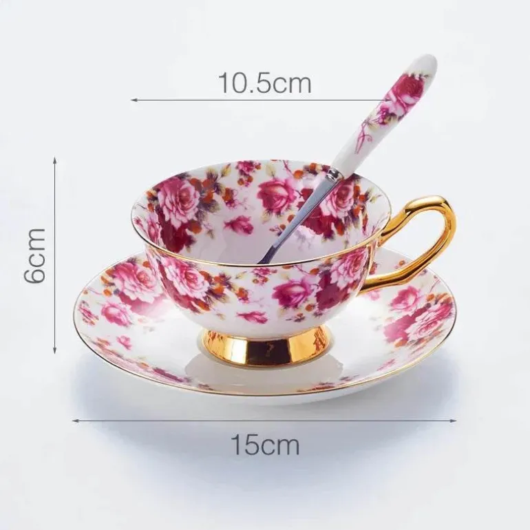Teeservice aus Bone China mit Blumenmuster – Elegante 200-ml-Tasse mit Untertasse und Löffel