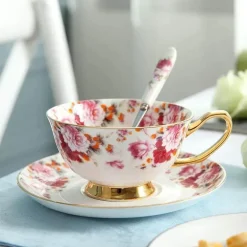 Teeservice aus Bone China mit Blumenmuster – Elegante 200-ml-Tasse mit Untertasse und Löffel