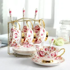 Teeservice aus Bone China mit Blumenmuster – Elegante 200-ml-Tasse mit Untertasse und Löffel