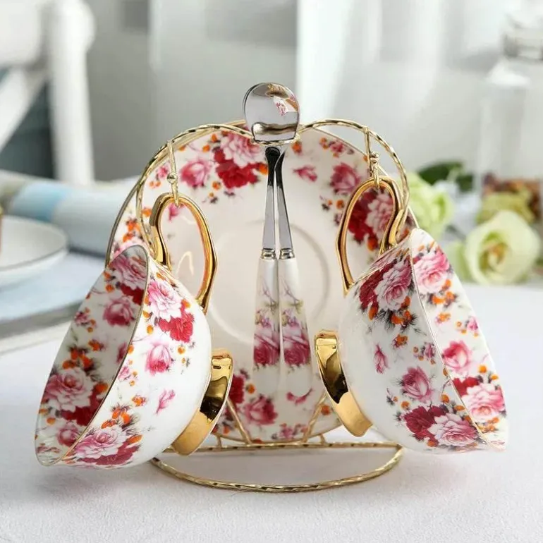 Teeservice aus Bone China mit Blumenmuster – Elegante 200-ml-Tasse mit Untertasse und Löffel