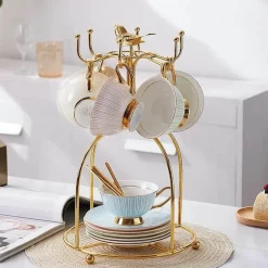 Teeservice aus goldenem Porzellan – 200 ml Tassen, Untertassen, Löffel