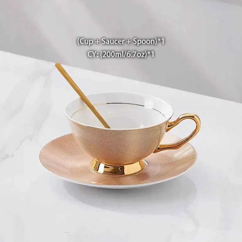 Teeservice aus goldenem Porzellan – 200 ml Tassen, Untertassen, Löffel