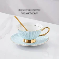 Teeservice aus goldenem Porzellan – 200 ml Tassen, Untertassen, Löffel