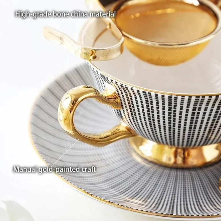 Teeservice aus goldenem Porzellan – 200 ml Tassen, Untertassen, Löffel