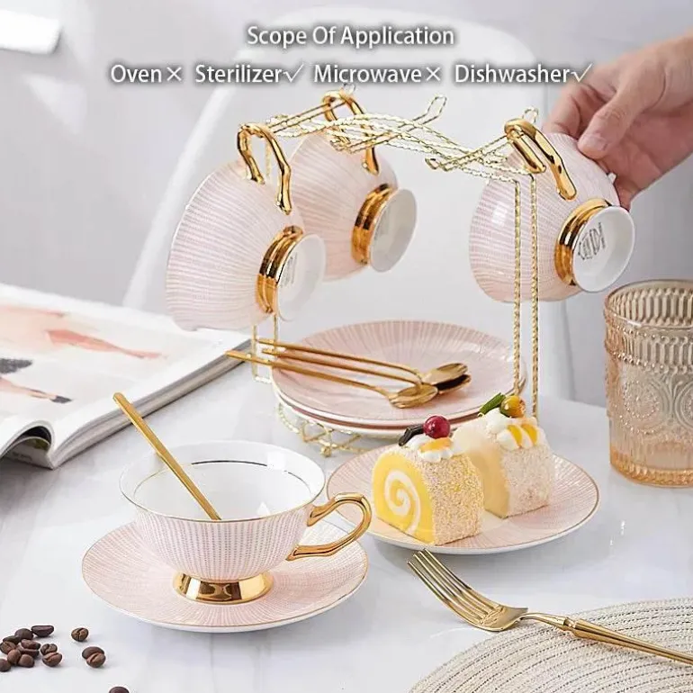 Teeservice aus goldenem Porzellan – 200 ml Tassen, Untertassen, Löffel