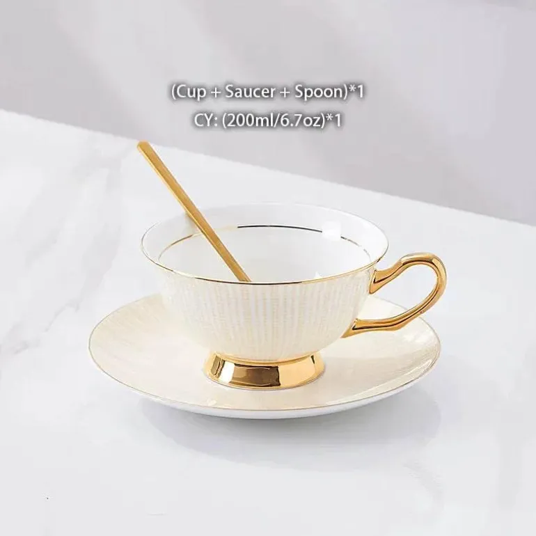 Teeservice aus goldenem Porzellan – 200 ml Tassen, Untertassen, Löffel
