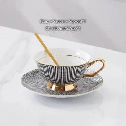 Teeservice aus goldenem Porzellan – 200 ml Tassen, Untertassen, Löffel