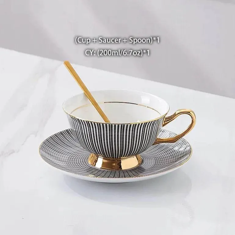 Teeservice aus goldenem Porzellan – 200 ml Tassen, Untertassen, Löffel