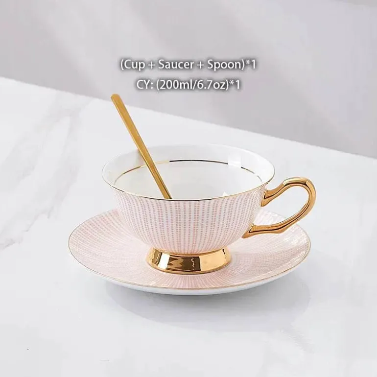 Teeservice aus goldenem Porzellan – 200 ml Tassen, Untertassen, Löffel
