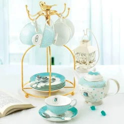 Teeservice aus Knochenporzellan, geblümter europäischer Landhausstil mit Kuchenständer