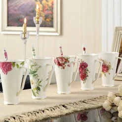 Teetassen-Set aus Bone China mit Blumenmuster – elegantes europäisches Design mit Löffel