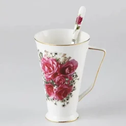 Teetassen-Set aus Bone China mit Blumenmuster – elegantes europäisches Design mit Löffel