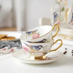 Teetassen-Set aus Bone China – Pastorales Vogel-Design, 200 ml, englische Kaffeetassen aus Porzellan