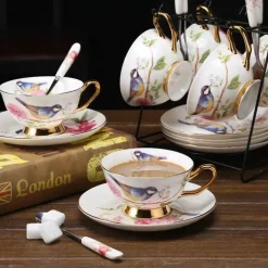 Teetassen-Set aus Bone China – Pastorales Vogel-Design, 200 ml, englische Kaffeetassen aus Porzellan