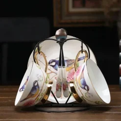 Teetassen-Set aus Bone China – Pastorales Vogel-Design, 200 ml, englische Kaffeetassen aus Porzellan