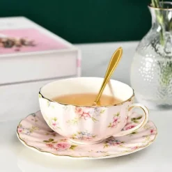 Teetassen-Set aus Bone China – 2-teilig, Blumenmuster, Porzellan, Kaffeetasse, Geschenk, 200 ml