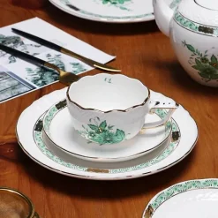 Teetassen-Set mit grünem Pflanzenmuster – Keramik mit Löffelteller für den Nachmittagstee