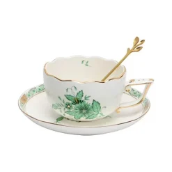 Teetassen-Set mit grünem Pflanzenmuster – Keramik mit Löffelteller für den Nachmittagstee