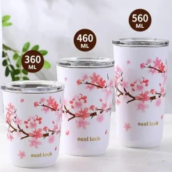 Thermo-Reisebecher mit Kirschblütenmotiv, auslaufsicherer Edelstahl mit Strohhalm