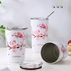 Thermo-Reisebecher mit Kirschblütenmotiv, auslaufsicherer Edelstahl mit Strohhalm