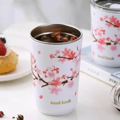 Thermo-Reisebecher mit Kirschblütenmotiv, auslaufsicherer Edelstahl mit Strohhalm