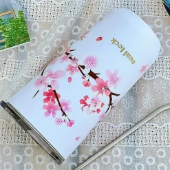 Thermo-Reisebecher mit Kirschblütenmotiv, auslaufsicherer Edelstahl mit Strohhalm