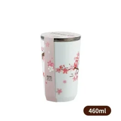 Thermo-Reisebecher mit Kirschblütenmotiv, auslaufsicherer Edelstahl mit Strohhalm