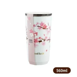 Thermo-Reisebecher mit Kirschblütenmotiv, auslaufsicherer Edelstahl mit Strohhalm