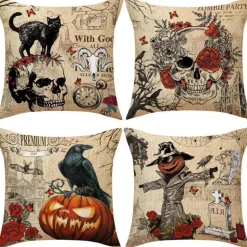 Totenkopf Kürbis Kissenbezüge – Halloween Leinen Dekokissen